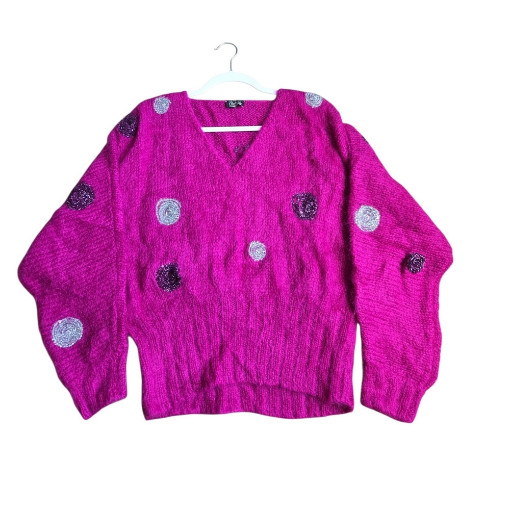 Balzac Italy Magenta Super Kid Mohair V-Neck Polka Dot Sweater IT 42 Vintage - Picture 2 of 13